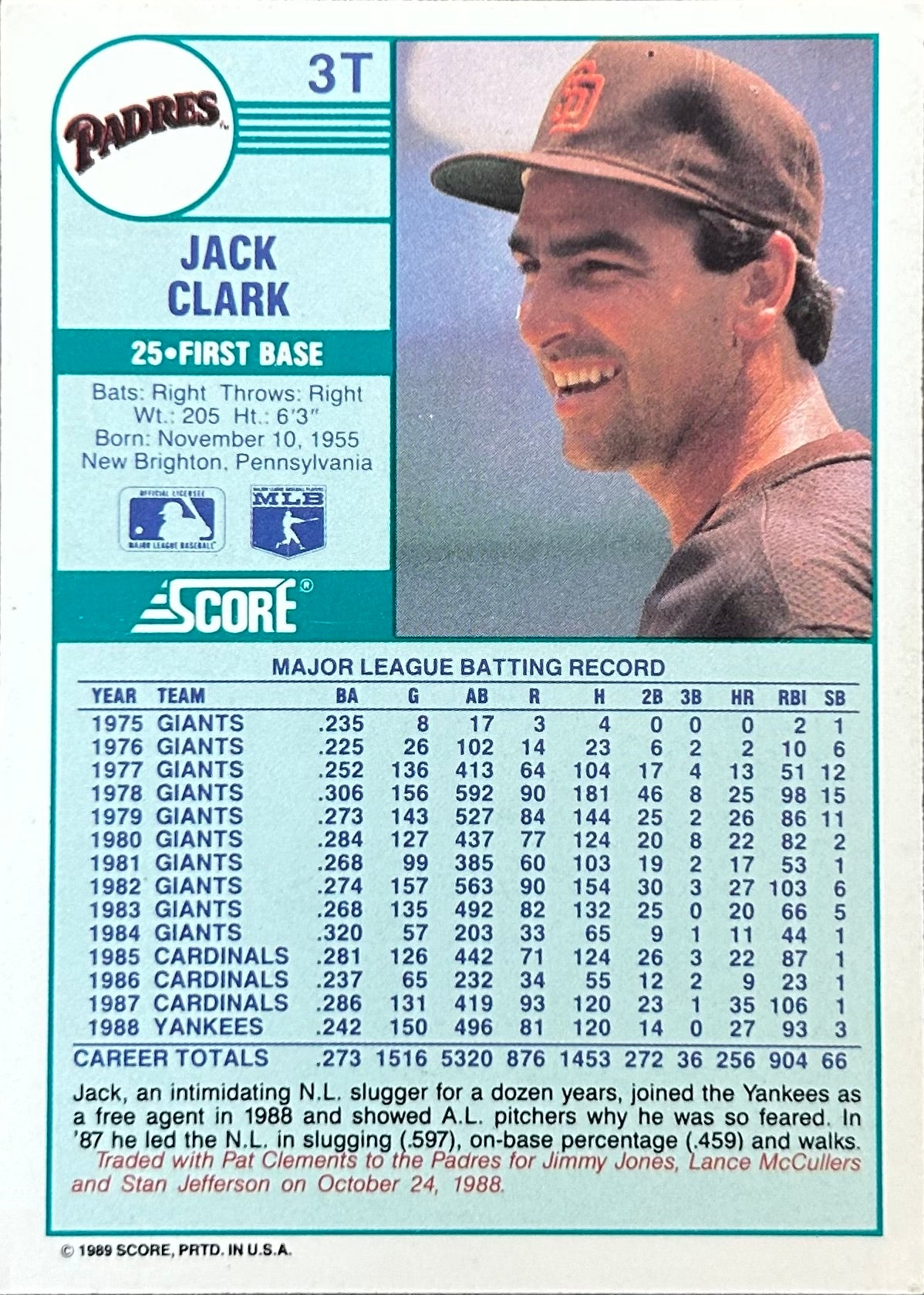 Jack Clark Autographed Baseball Card