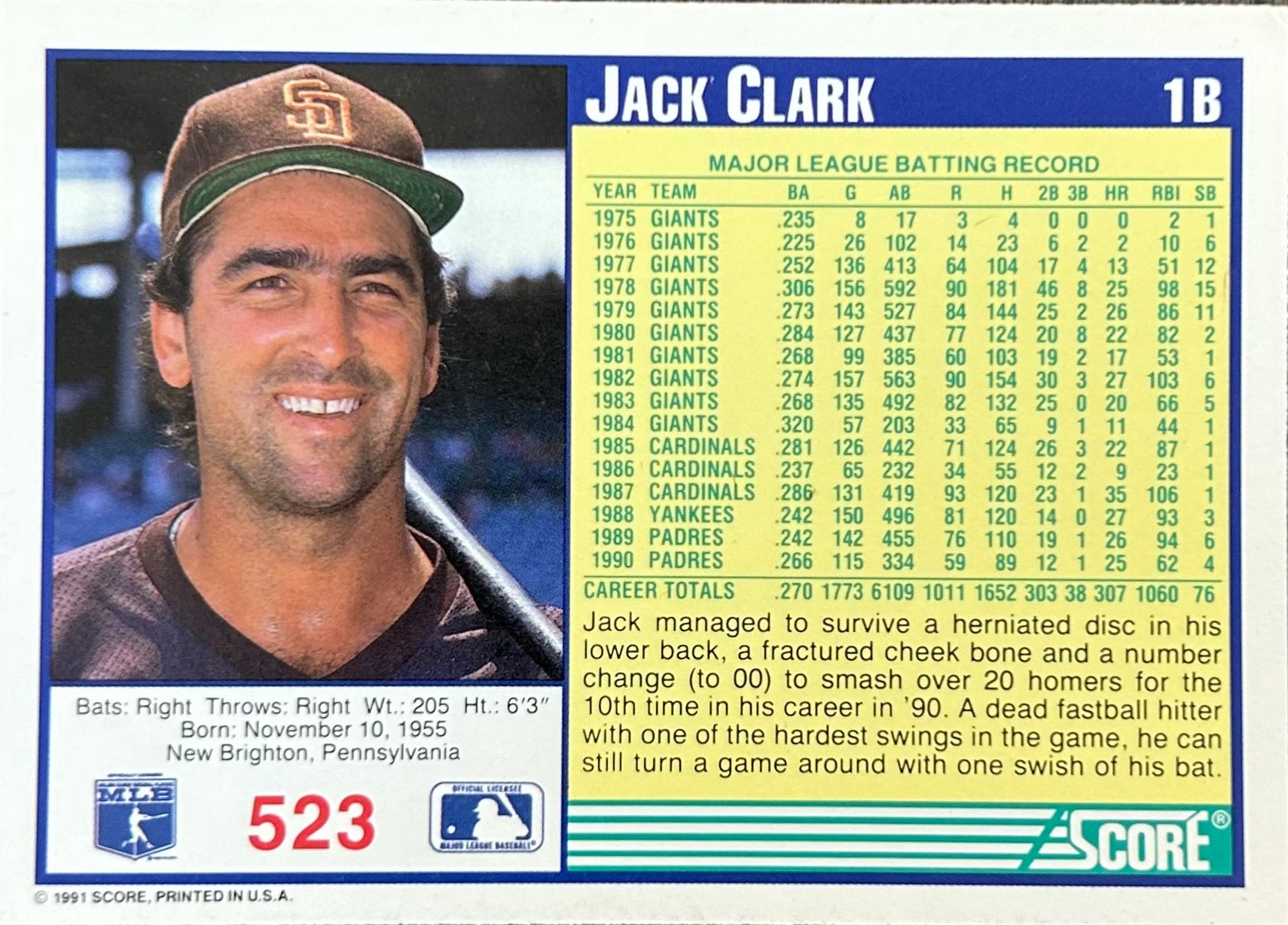 Jack Clark Autographed Baseball Card 1991 Score