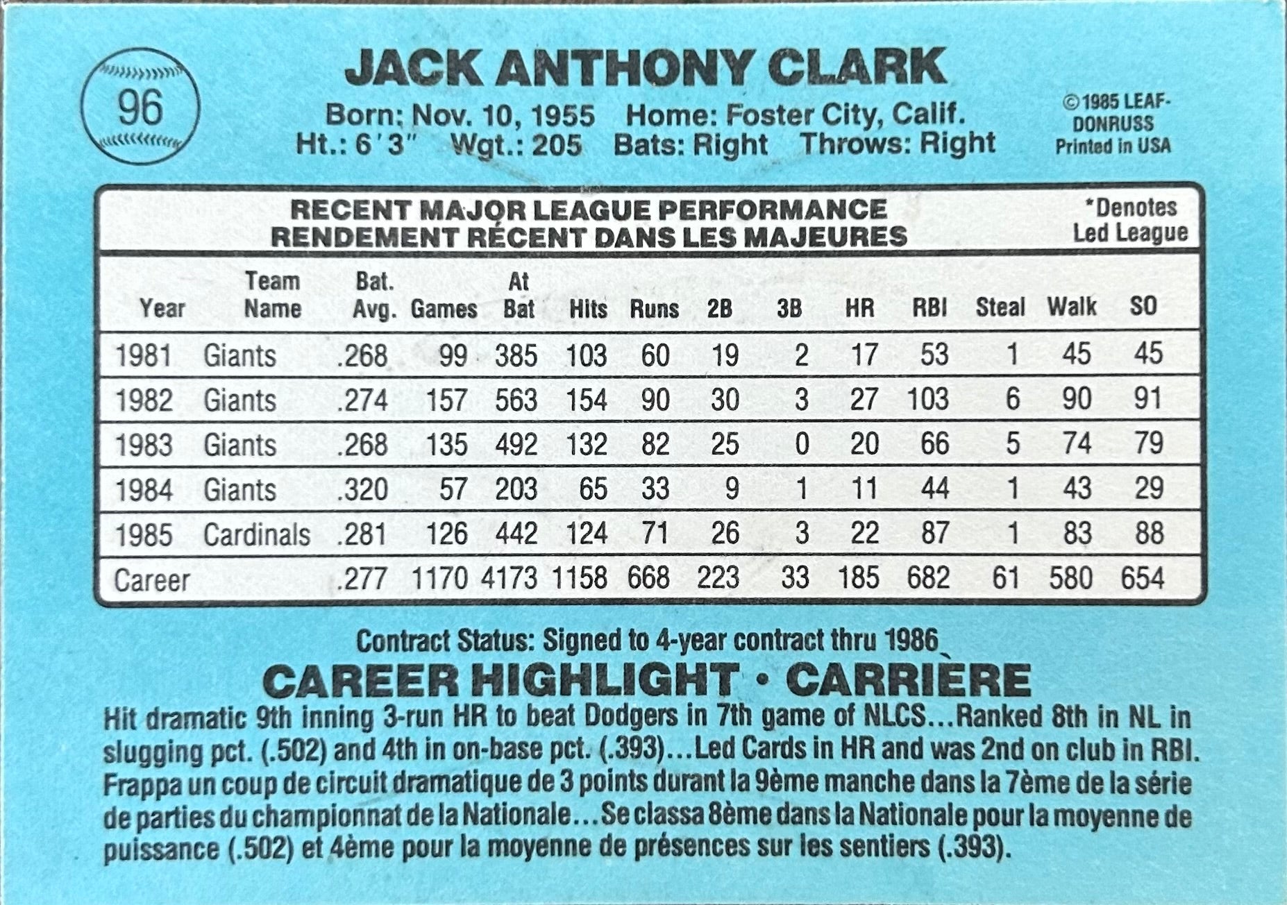 Jack Clark Autographed Baseball Card 1986 Leaf