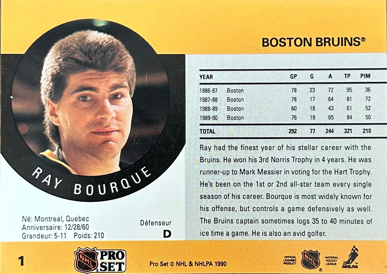 Ray Bourque Autographed Card 1990 NHL ProSet