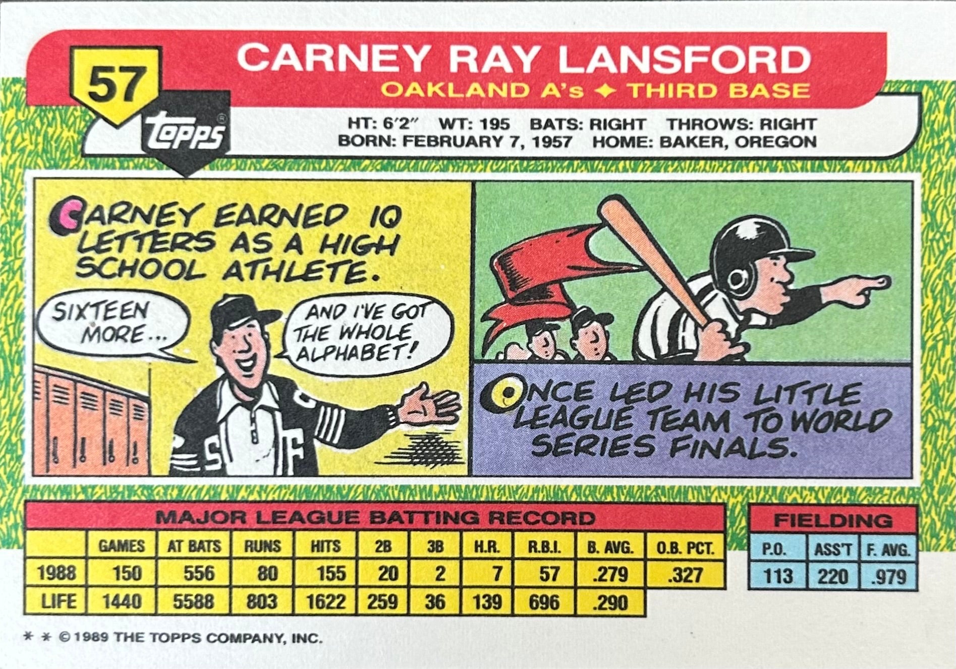 Carney Lansford Autographed Baseball Card 1989 Topps
