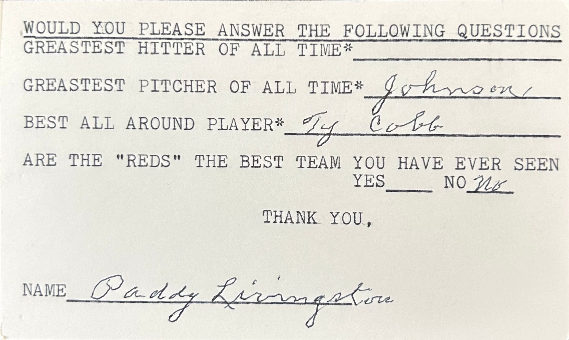 Paddy Livingston Autographed Index Card