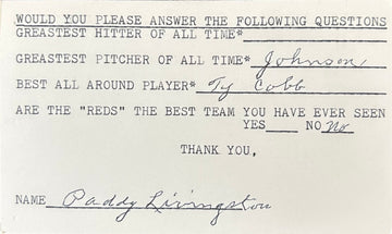 Paddy Livingston Autographed Index Card