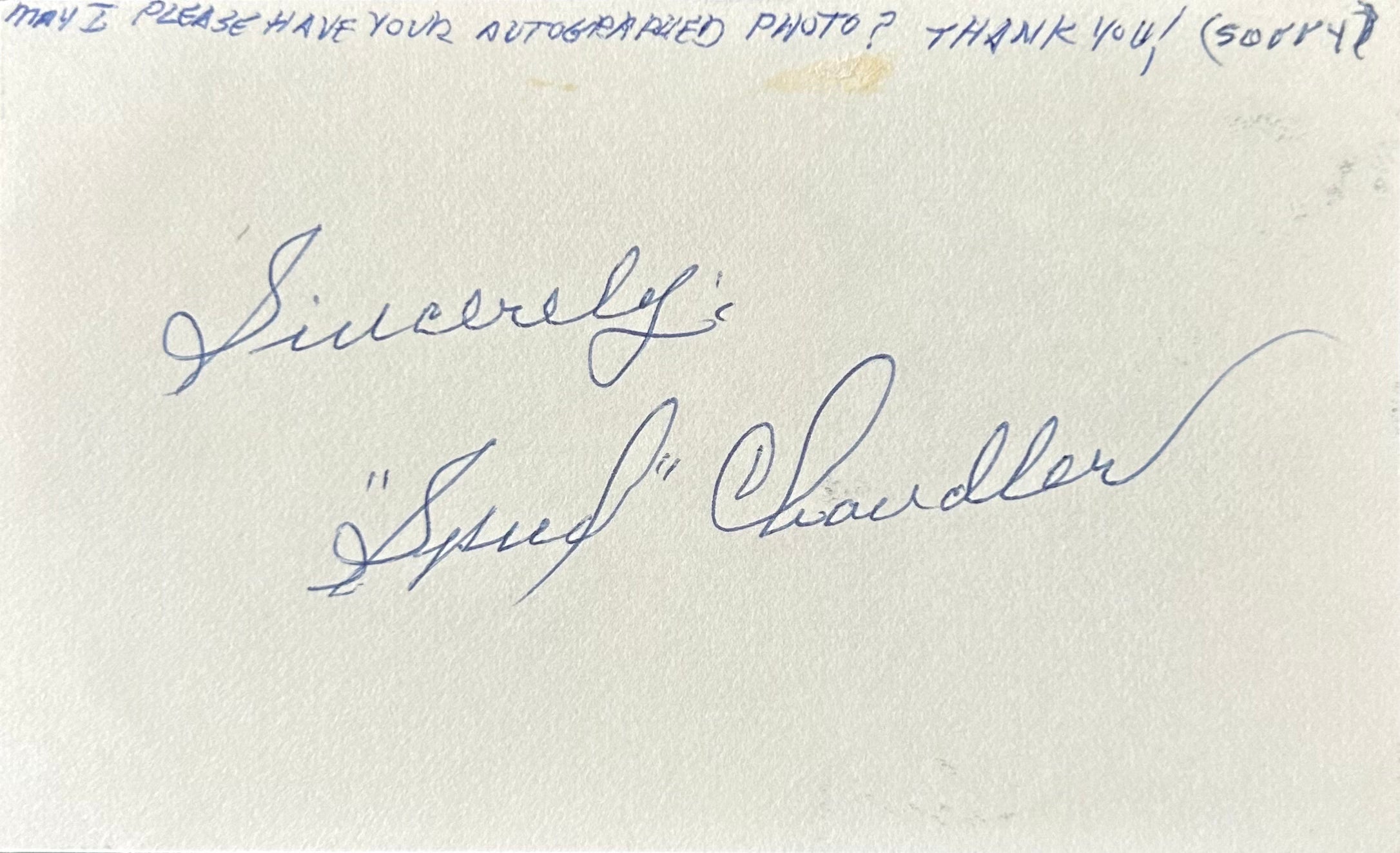 Spud Chandler Autographed Index Card