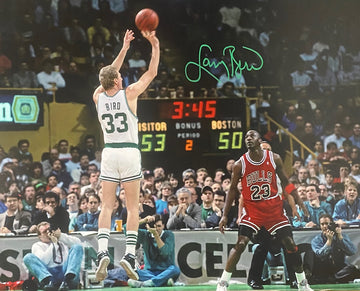 Larry Bird Autographed 16x20 Jump Shot Over Jordan Photo #10