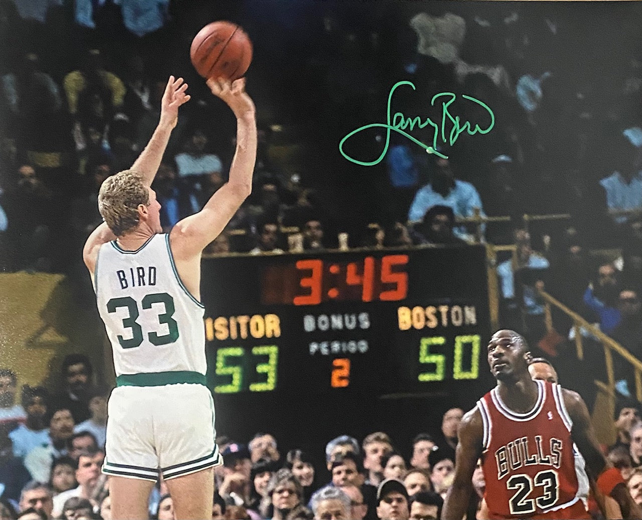 Larry Bird Autographed 16x20 Jump Shot Over Jordan Photo- 09
