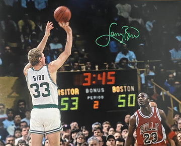 Larry Bird Autographed 16x20 Jump Shot Over Jordan Photo- 09