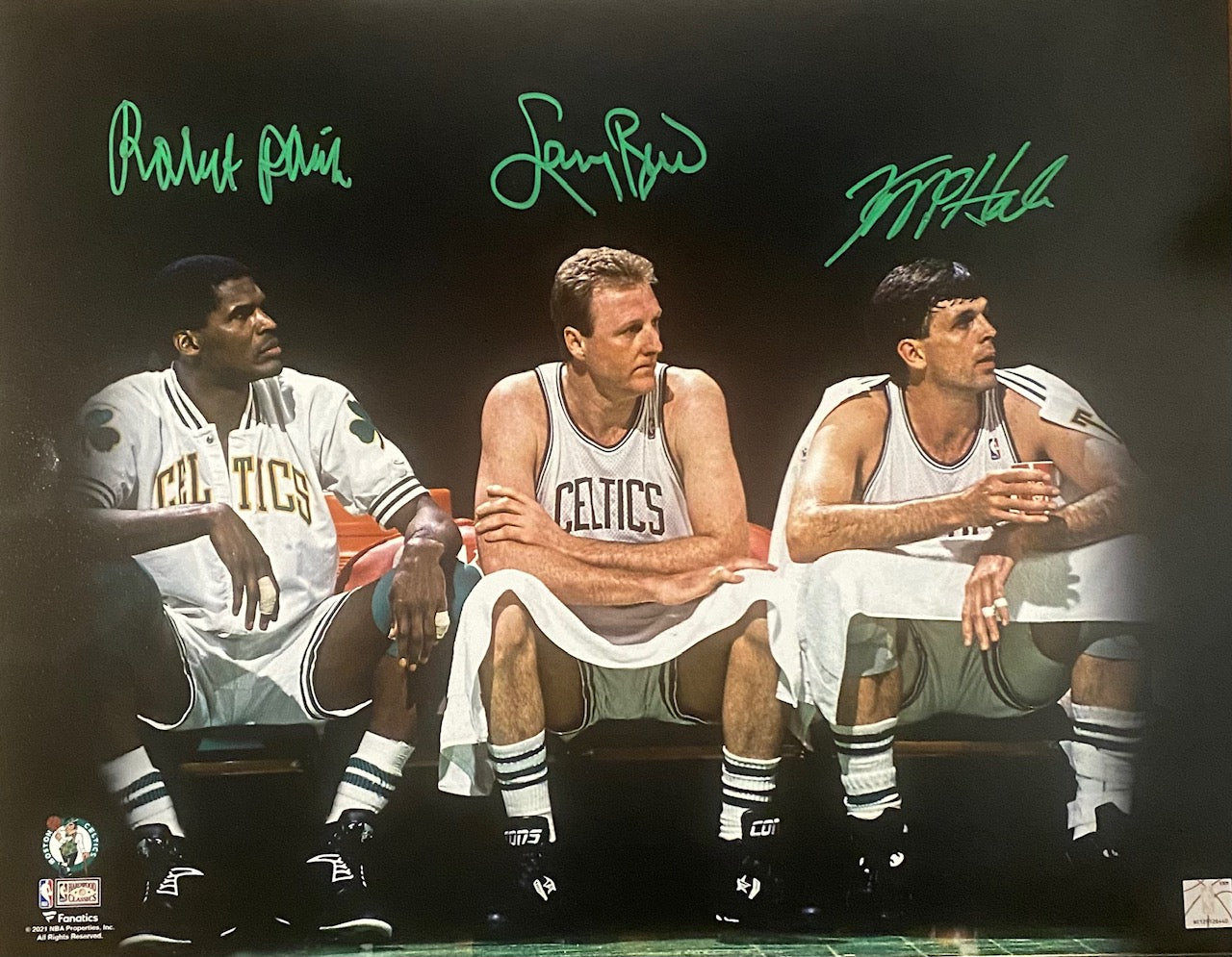 Robert Parish, Larry Bird, Kevin McHale Autographed 16x20 Bench Photo