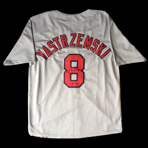 Carl Yastrzemski Autographed Red Sox Replica Jersey with Hall of Fame 1989 Inscription